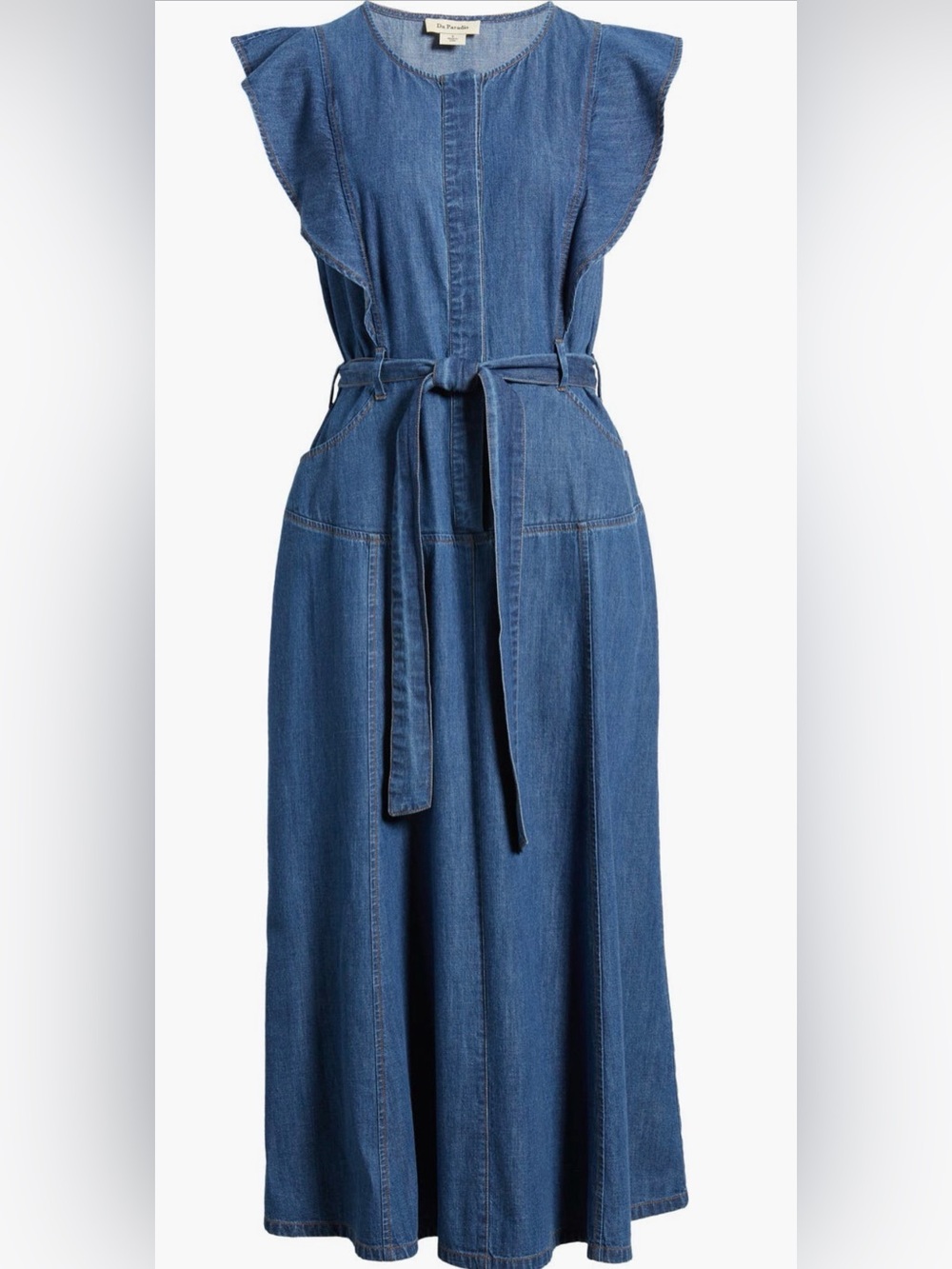 Du Paradis Tie Waist Denim A-Line Midi Dress